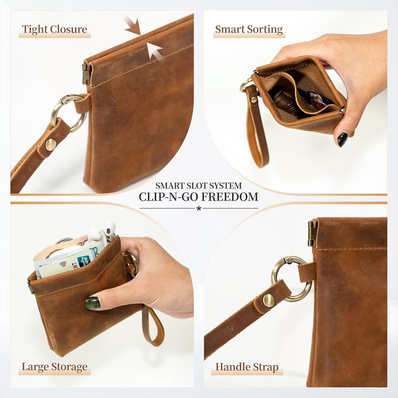 Aesthestyle Leather Coin Purse with Wristlet, Coin Pouch with Dual Interlayer, Card and Change Holder, Easy Clip on without Zipper, Squeeze Coin Wallet, Handmade Genuine Leather Wallet For Men/Women - Image 5